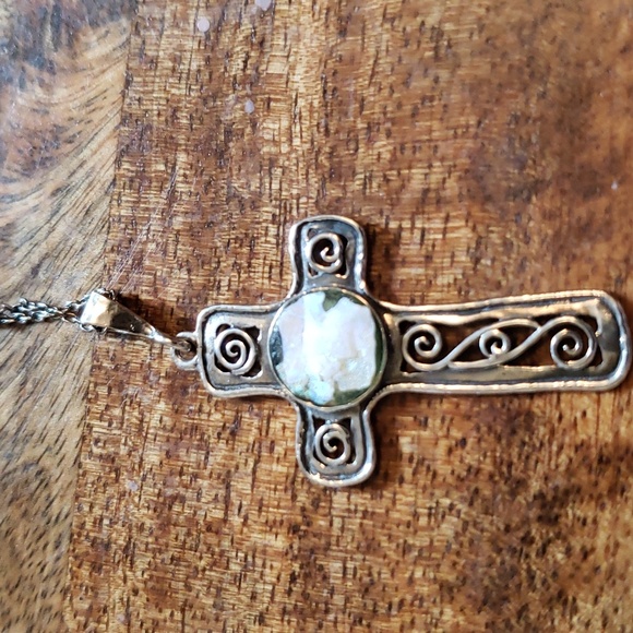Ancient Roman Glass Sterling Silver Cross Necklace with Chain - Picture 6 of 10
